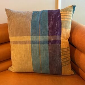 NWT Vintage One Of A Kind Sari Kantha Pillow-18in Yellow and Teal Plaid